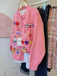 Korobov maglione rosa donna autunno 2024 nuovo stile cartone animato maglioni ricamo riduzione dell'età cappotto Cardigan lavorato a maglia girocollo spesso