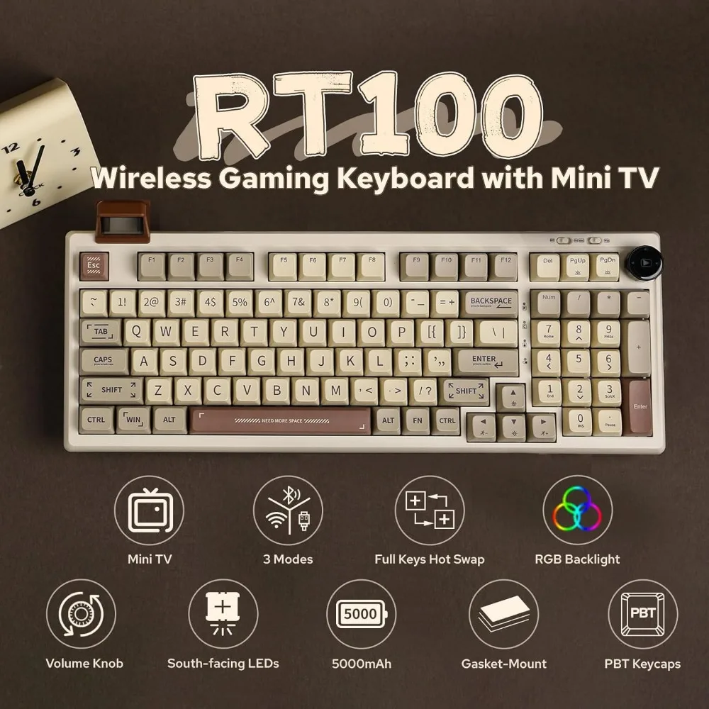 RT100 Mechanical Keyboard, Retro Gaming Keyboard, with Display Screen, BT5.0/2.4G/USB-C 97 Keys Gasket Custom Keyboard