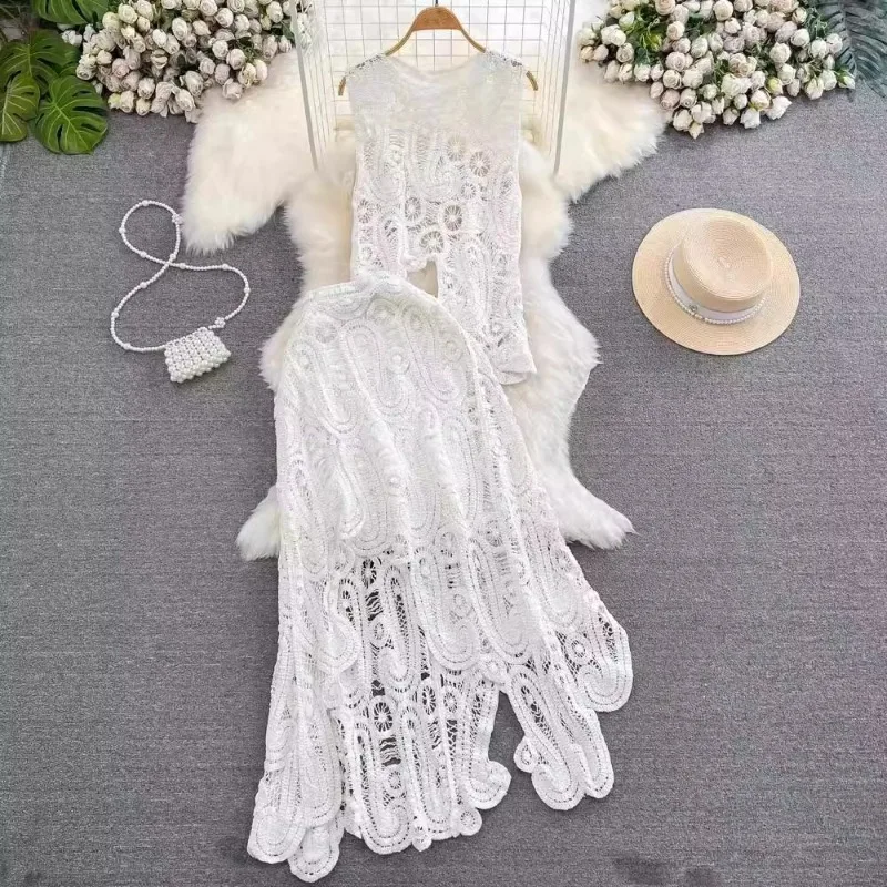 Chic Retro Hollow Mesh Hook Flower Tank+Elastic Waist Midi SKirt 2-piece Set Summer Women's Sets New Skinny High Waist Skirt Set