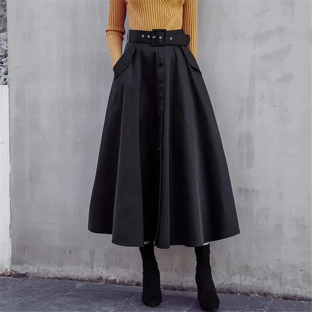 Black High Waist Skirt With Belt Mom Autumn Chic Single Breasted Pleated Long Maxi Skirt Women Korean Big Swing Umbrella Skirts