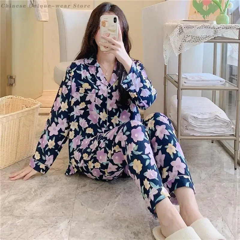

Spring Autumn Sweet Sleepwear Ladies Cotton Pajamas Homewear Suit Korean Version Simple Print Flower Pyjamas Suit Cute Student