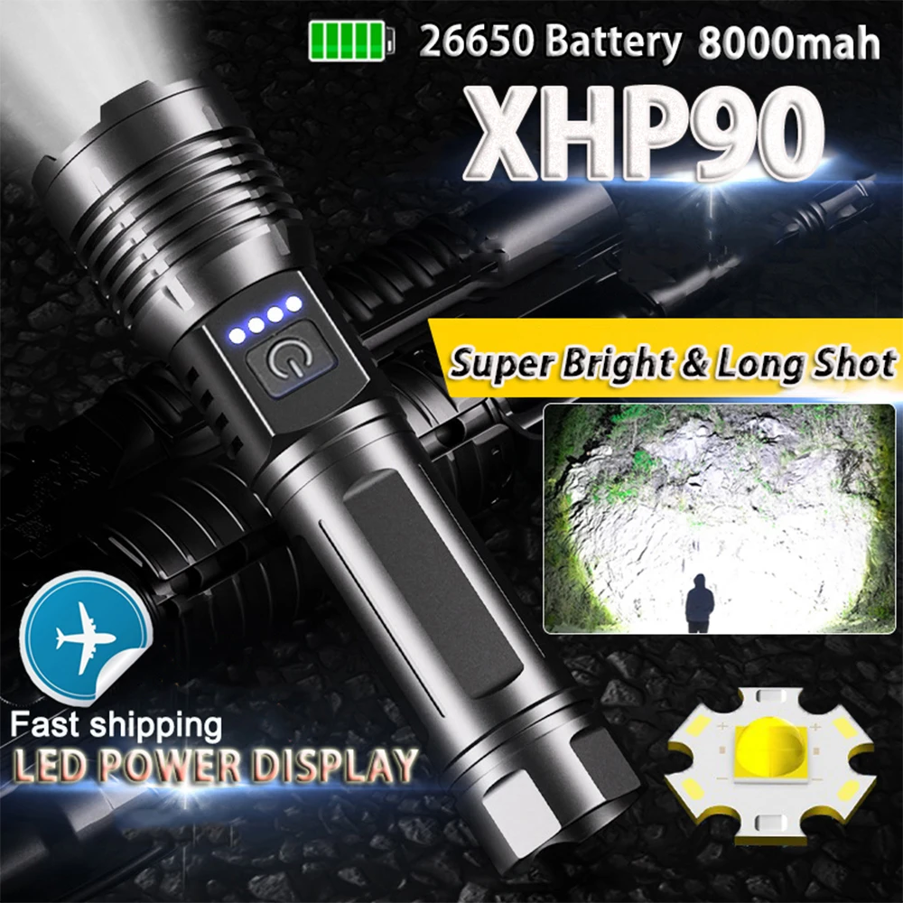 P90 High Power LED Flashlight Torch Light Rechargeable Waterproof Portable Lantern Spotlight Tactical Flashlights