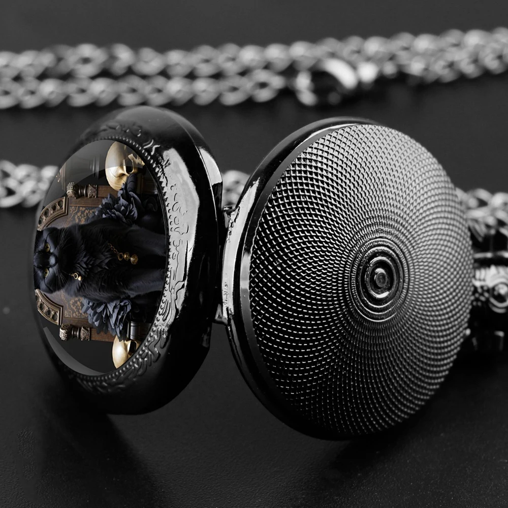 Cool Black Cat King Glass Dome Pocket Watch Vintage Women Men Necklace Pendant Clock Kids Exquisite Gifts Reloj De Bolsillo