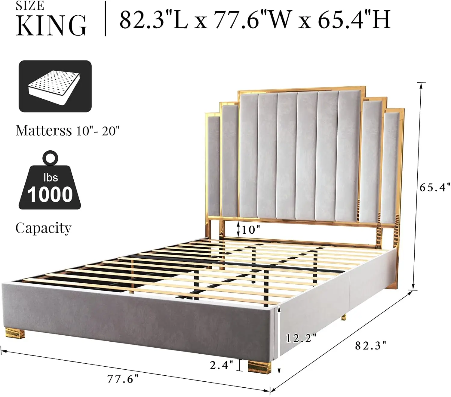 Каркас кровати-платформы King Size Albott, 65-дюймовая кровать с бархатной обивкой и изголовьем с золотой отделкой/деревянные рейки/без коробчатой пружины/серый