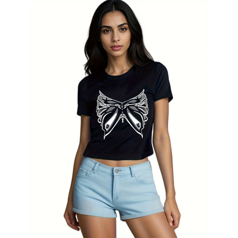 

2000 Y2K Gothic Black Short Sleeved Crop Top With Exposed Navel For Women's Summer Slim Fit Street Style Spicy Girl Short Top