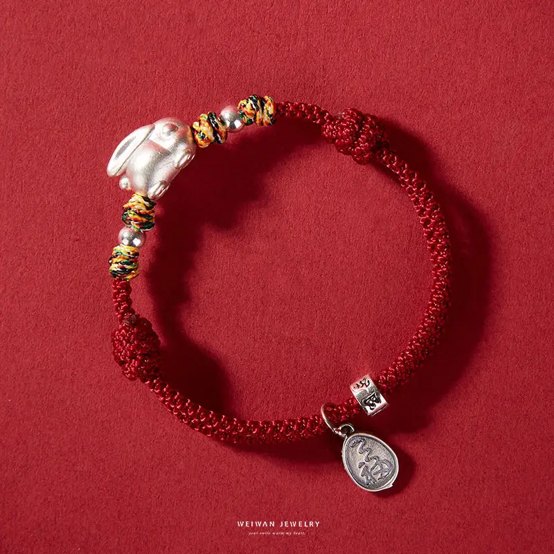 

Original Jiji Adorable Rabbit Pure Silver 999 Year of Fate Bracelet Female Chinese Zodiac Vintage Weave Red Rope Gift for Bestie