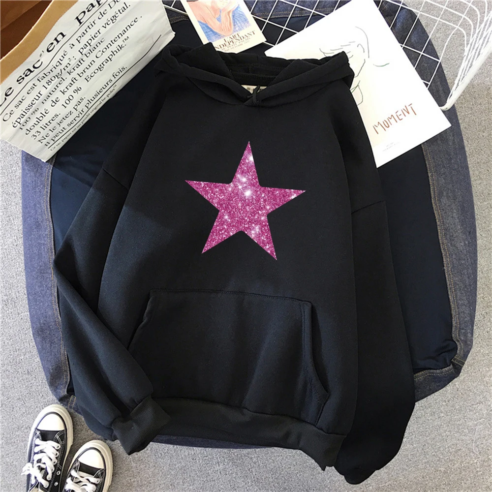 

Pink Diamond Patterned Stars Printed Women Hoodies All-Match Comics Hoody Fleece Casual Clothes Street Hip Hop Pullover Women