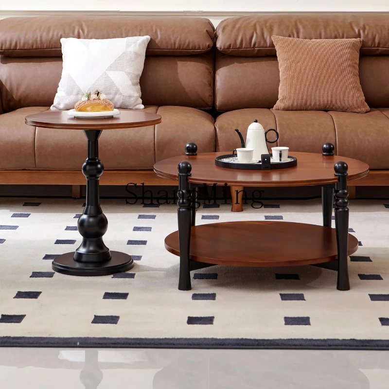 

SM retro solid wood round table, coffee table, living room, small apartment, simple storage with double-layer side tables