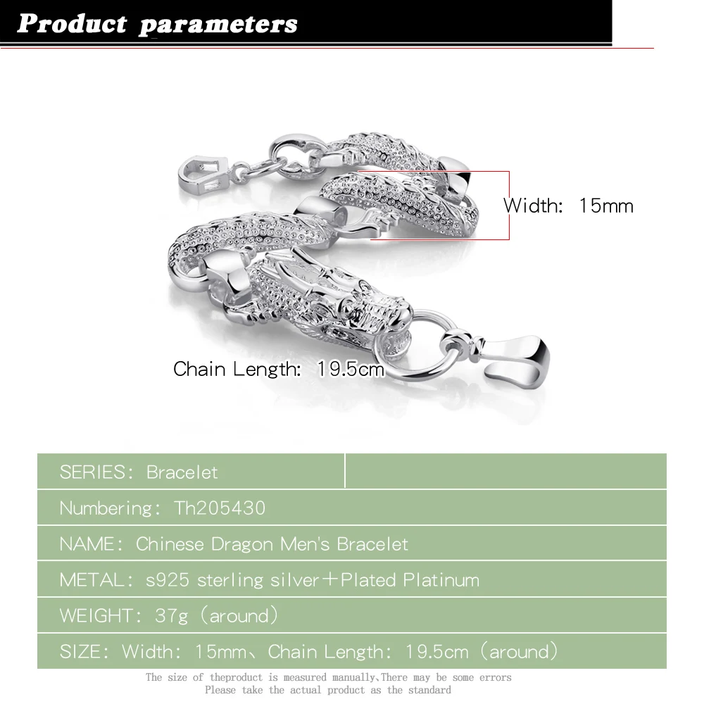 Ethnic Style Chinese Dragon Bracelet Classic 925 Sterling Silver Chain Bangle Simple Wrist Chain For Men Women Jewelry Family