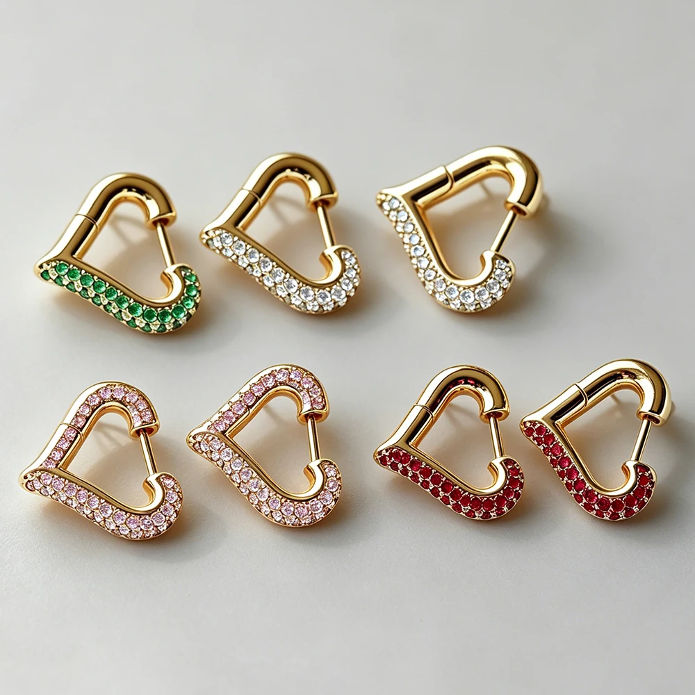 Luxuriöse Herzförmige Creolen für Damen Mehrfarbige CZ Zirkonia 18K Goldfarben Huggies Ohrclips Modischer Charm-Schmuck Geschenk