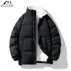 MaiDangDi-Chaqueta de algodón a prueba de viento para hombre, Chaqueta corta con forro de terciopelo, Color sólido, Top de cuello alto Simple, Invierno