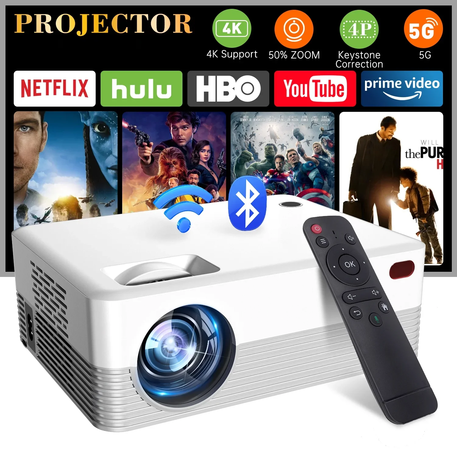 Smart LED Projector HD 1280X720P 5G WiFi Android 10 BT5.0 H700 Home Theater Outdoor Support Parsing 4k Mini Portable Projector