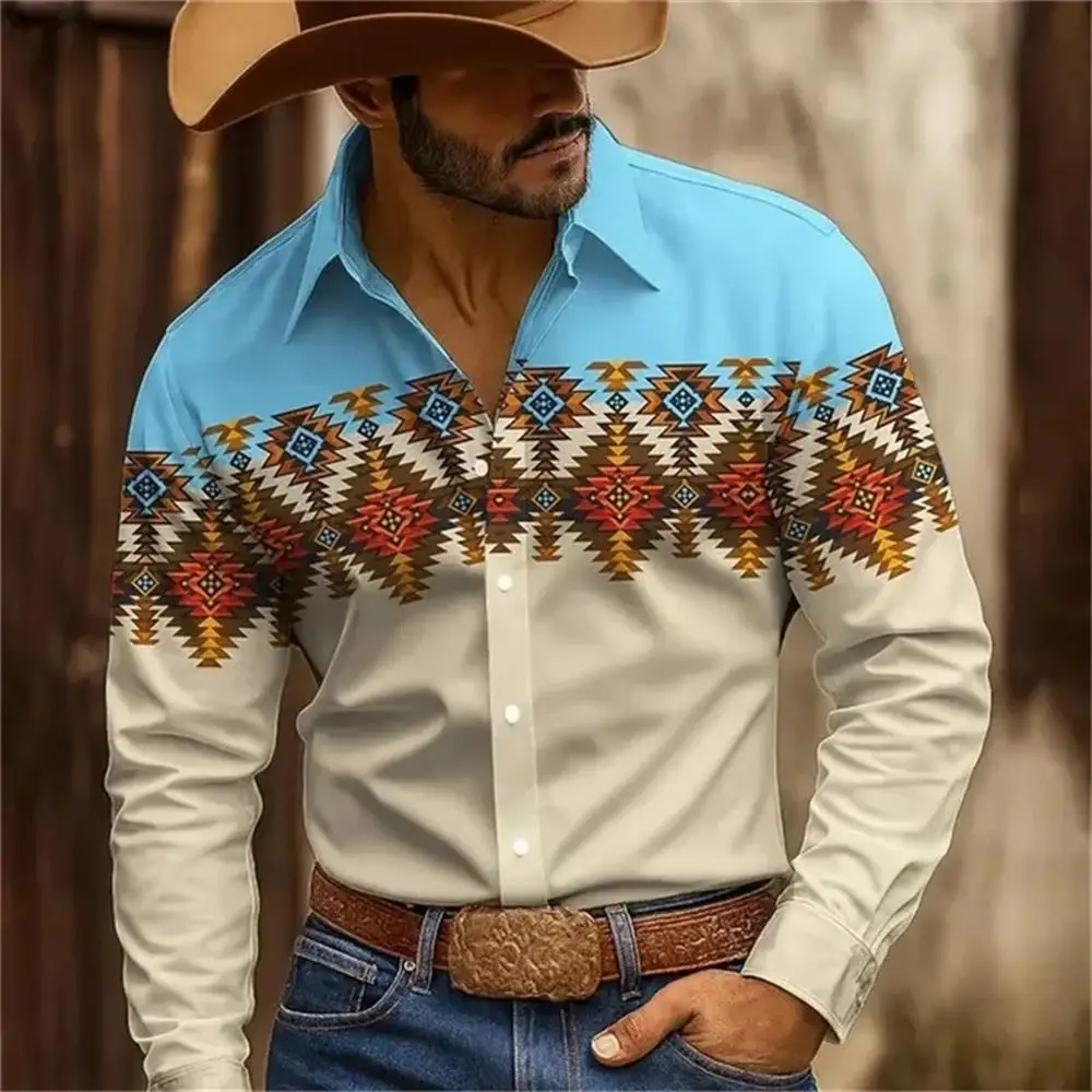 Men's Western style denim shirt classic fashion casual 3D printed high-quality comfortable fabric long sleeved new style