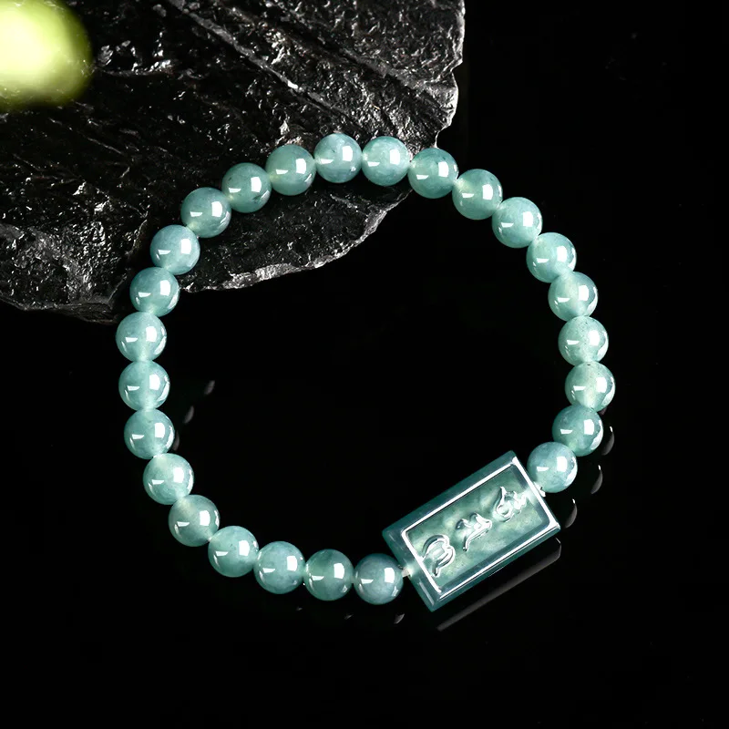 

6mm Certified Natural Burma Jade Bracelet Women Genuine Myanmar Jadeite Grade A Blue Water Jade Six Character Mantra Bracelets