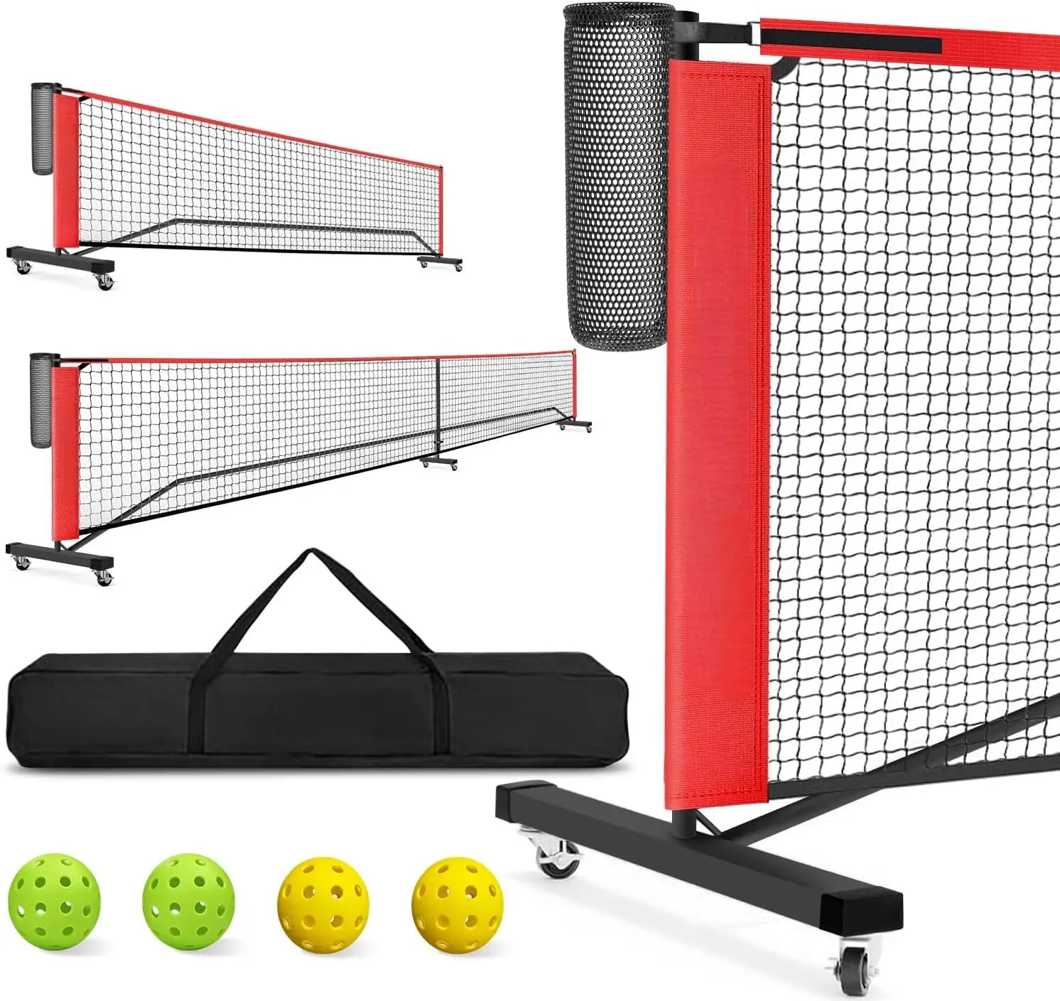 Portable 22 FT Regulation Size Pickleball Net Set With Ball Collector Easy Setup for Outdoor Indoor Driveway Red for Training