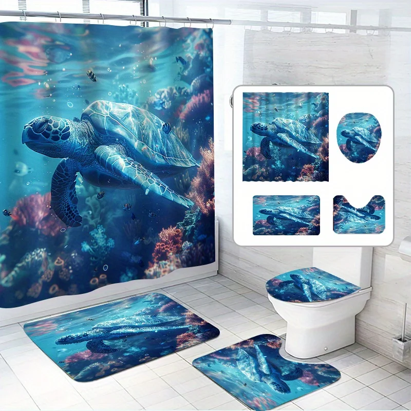 

Набор занавесок для душа «Океанская черепаха», 4 шт., художественный животный принт, водостойкий полиэстер, можно стирать в машине, в комплект входит нескользящий