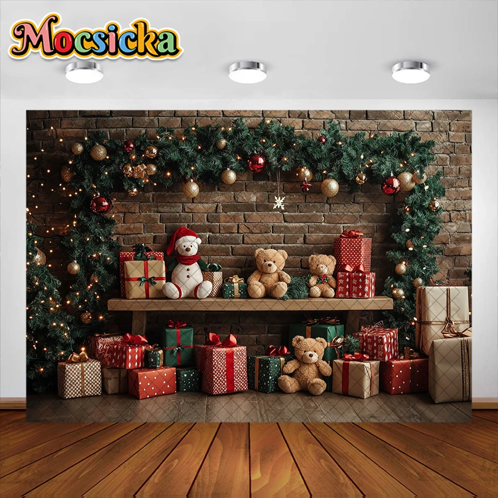 พวงมาลัยตุ๊กตาหมีน่ารักพื้นหลังสำหรับถ่ายภาพในห้องเทศกาลคริสต์มาสตกแต่งเป็นของขวัญฉากหลังรูปภาพภาพเหมือนวันหยุดของเด็กอุปกรณ์ประกอบฉากสำหรับสตูดิโอ