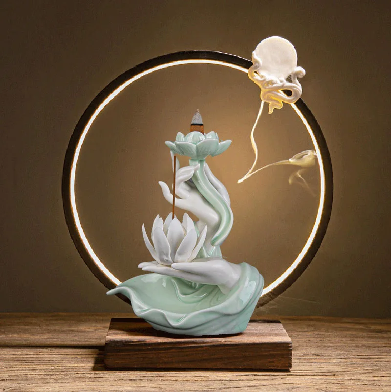 Chinese style Buddha\'s Hand Lotus LED Reflux Incense Burner Stand, Home Decoration Pure Handmade Lotus Fragrance Diffuser