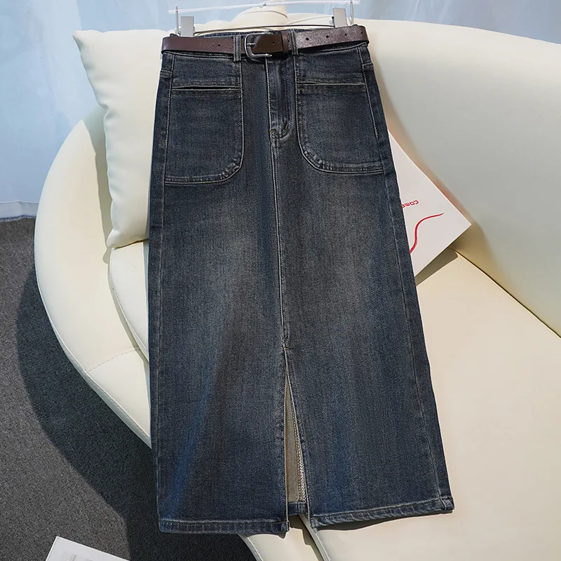 تنورة كلاسيكية من الدنيم الأزرق للنساء صيفية عصرية بفتحة أمامية عالية الخصر للتخسيس على شكل حرف A