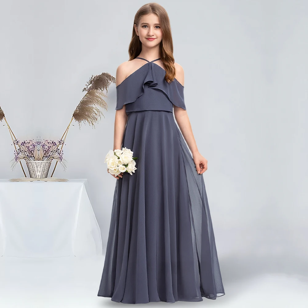 

A-line Cold Shoulder Halter Floor-Length Chiffon Junior Bridesmaid Dress With Cascading Ruffles Flower Girl Dress for Wedding