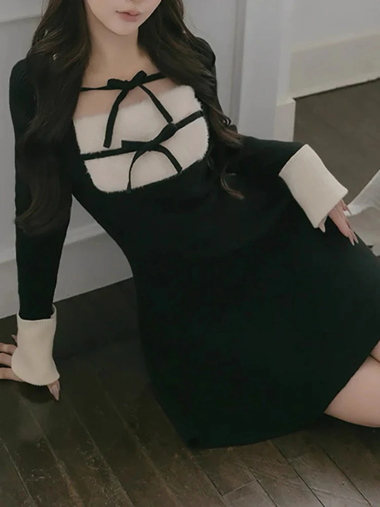 

Pure Desire Autumn Winter New Sle Spicy Girl Knitted Dr Square Collar Slim Fit Long Sve H Version Daily Wear Polyester