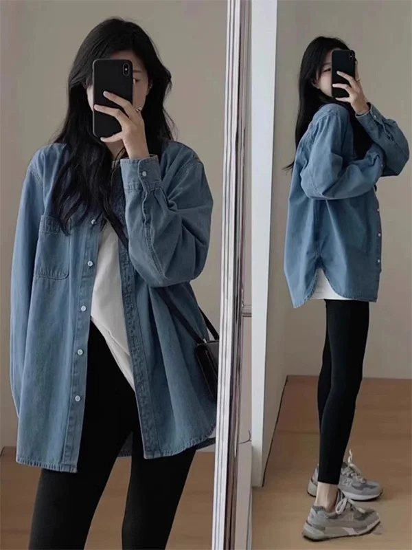 

plus Size Men's Women's American Retro Denim irt Spring Autumn Trendy Side Slit irt Top Coat Casual Loose Fit Long Sve