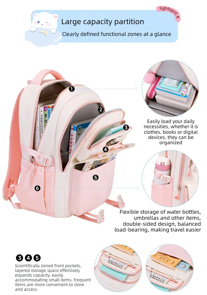 Primary Middle School Backpack for Girls Cute Backpack for School Pink School Bag for Teen Girls with Star Pins Furry Pendant