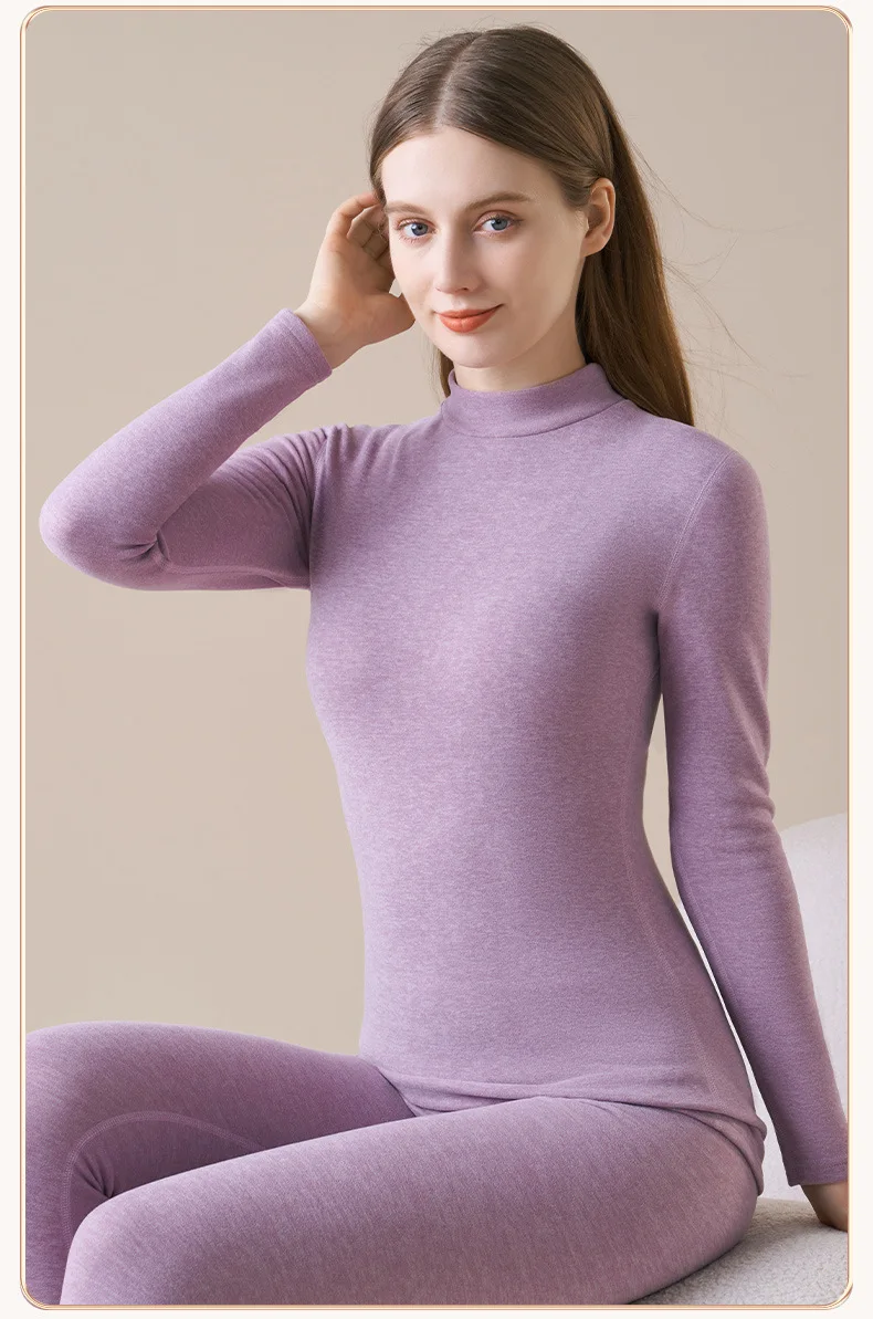 Damen-Thermo-Unterwäsche aus Kaschmirseide, Thermoshirts, warme Hosen, verdickte, einfarbige, halbrollkragenartige Oberteile, langärmlige Winterkleidung. – Detail 12