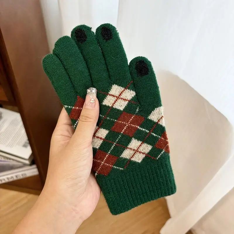 Touch Screen Winter Plaid Gloves Soft Thermal Warm Thickened Unisex for Outdoor Sports Working Cold Weather Wear