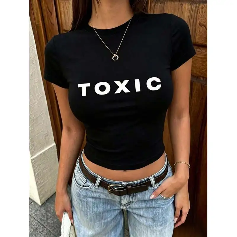 Women's Printed Cropped Crew Neck Short Sleeve T-Shirt, Slim Fit Y2K Crop Top