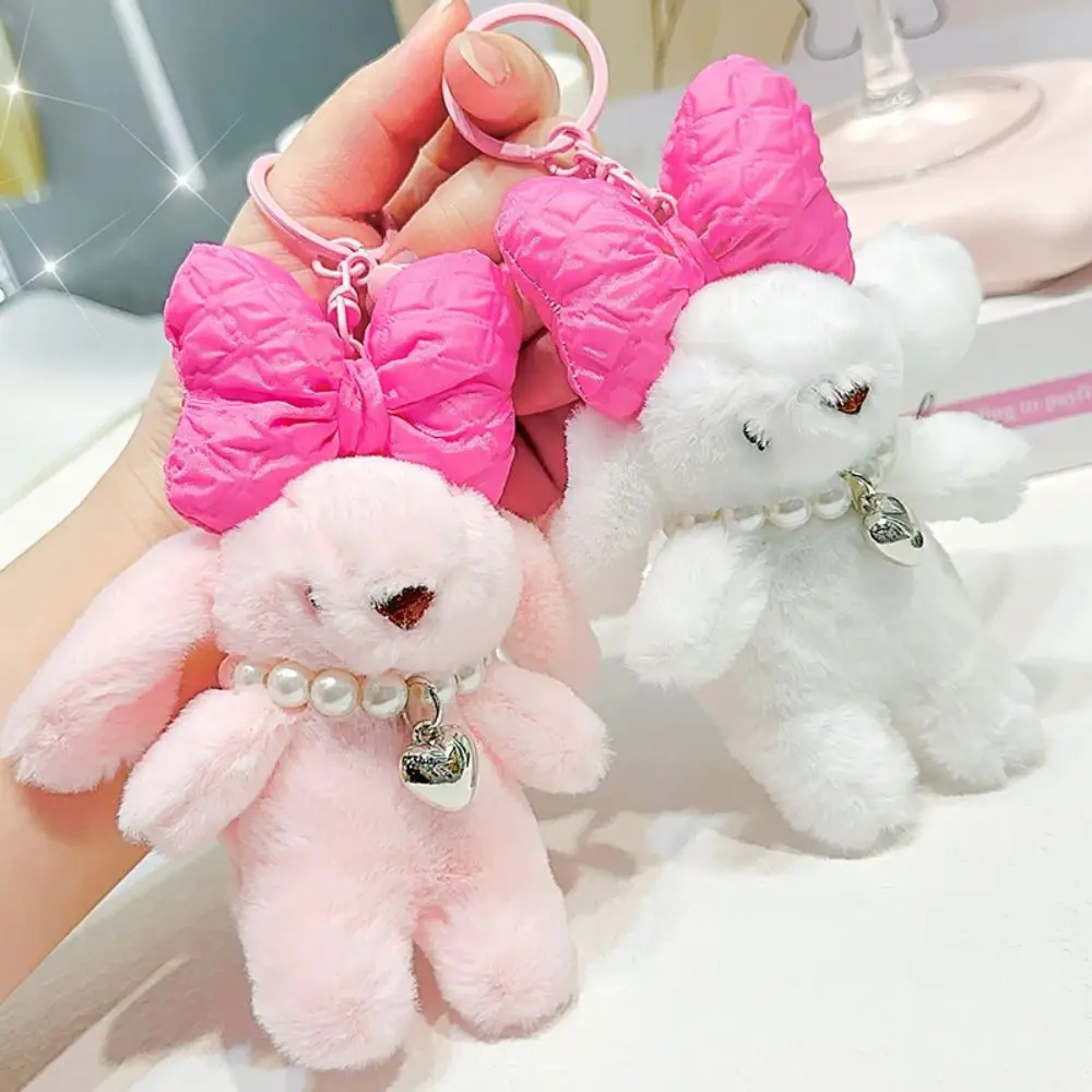 Bowknot Fluffy Bunny Keychain with Loveheart Necklace Chubby Plush Rabbit Pendant Soft INS Rabbit Plush Dolls Couple Pendant