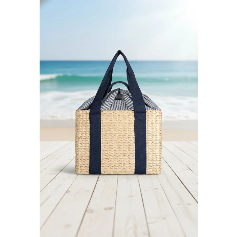 

Insulated Seagrass Picnic Basket, Waterproof & Stylish for Beach, Office Lunches, Gifts (Beige Navy)