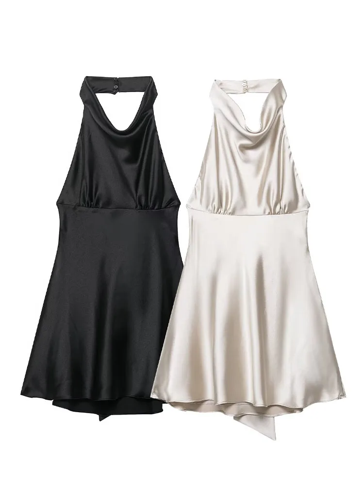 여성용 민소매 백리스 섹시 파티 드레스 여름 우아한 백 리본 주름 장식 넥 홀터 미니 드레스