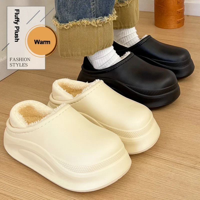 

Unisex Winter Slippers Indoor and Outdoor Plush Lining Warm Cotton Shoes Woman Thick Sole EVA Waterproof Indoor House Slippers
