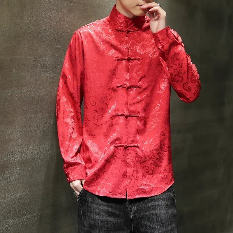 Buckle Elegant Tang Jackets Silver Mandarin Collar Blouse Red Chinese New Year ClothesBig Size Blue Satin Silk Shirts For Mens