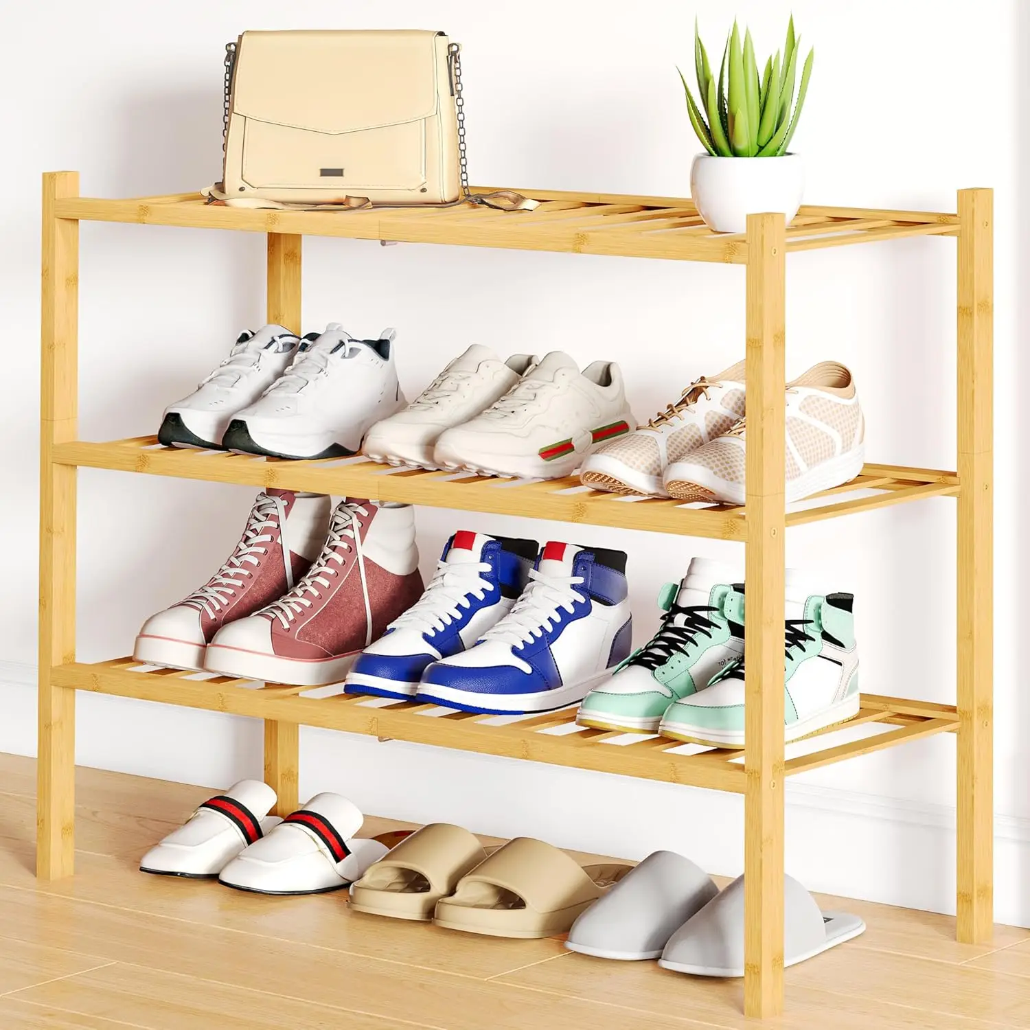 

Shoe Rack, 3 Tier Bamboo Shoe Organizer, Stackable Free Standing Wooden Shoe Storage Shelf for Closet, Entryway, Front Doo