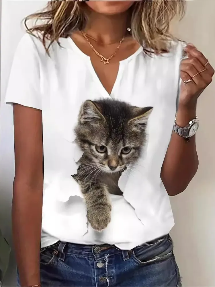 

Summer Ladies Short Sleeve T-Shirts Fashion Printed V Neck Tops Casual New T Shirt For Women Elegant Office Top Tshirts