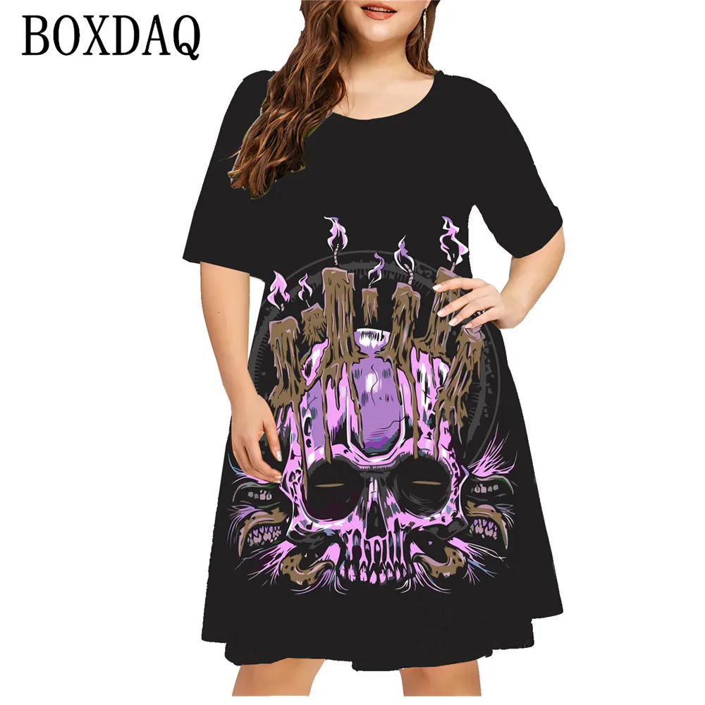 Mode Schädel Damen kleider gedruckt Streetwear Hip Hop Kurzarm lose plus Größe Kleid Vintage lässig Damen Overs ize Kleid