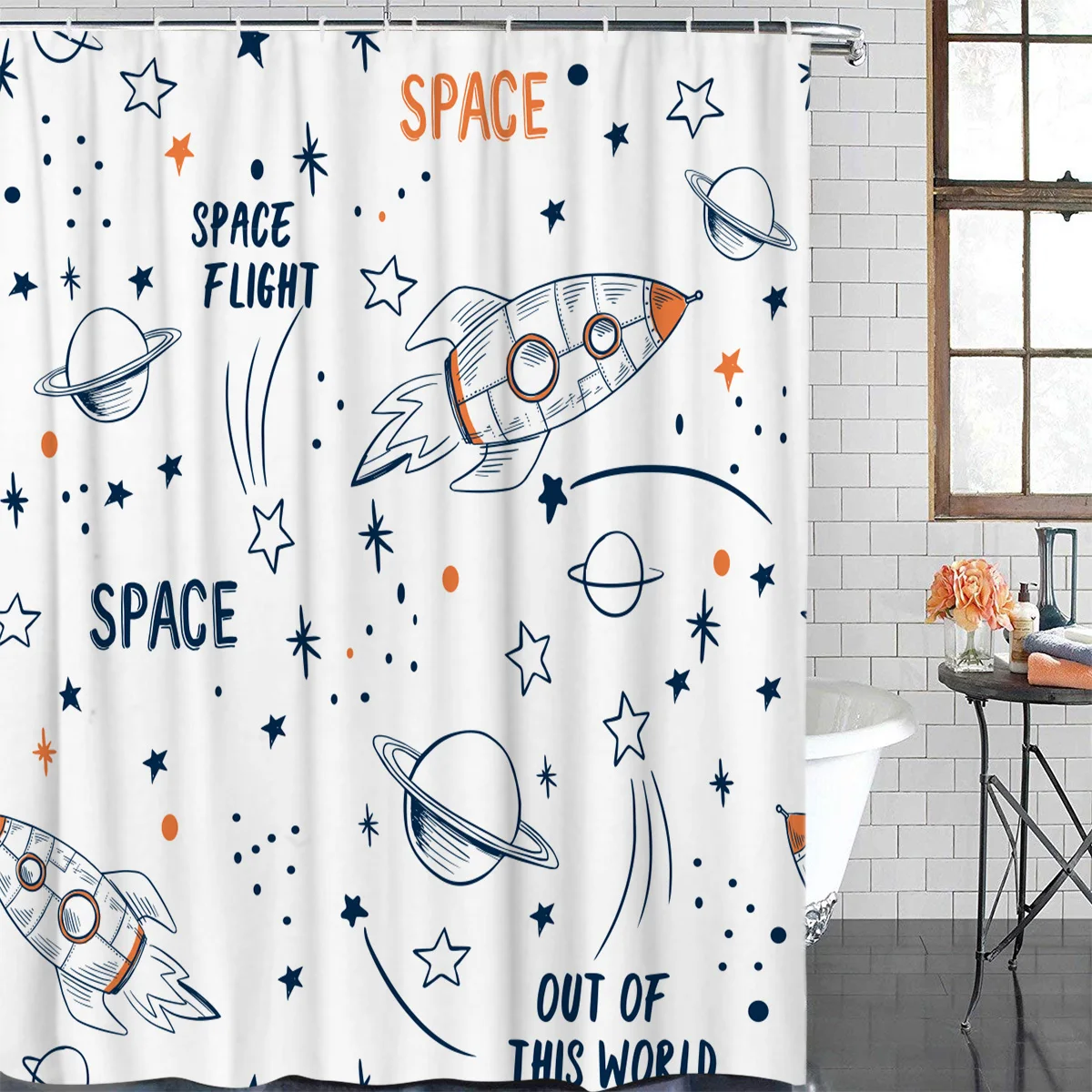 Rocket Flying Cartoon Universe Space White Waterproof Shower Curtain With Hook Bath Curtains Bathroom Decoration Accessories