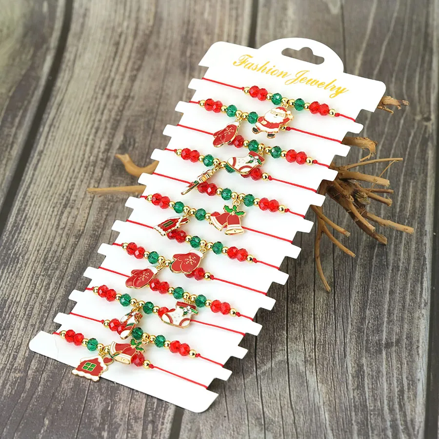 12 Stück/Dutzend Weihnachts-Perlen-Armband-Set, Strumpf-Charms, Unisex, verstellbar, dünn, rote Schnur, Yuletide, festlicher Schmuck
