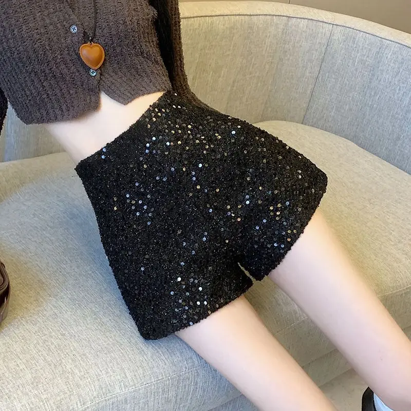 Solid Color Sequined Patchwork Wide Leg Shorts 2023 Autumn And Winter New High-Waisted Zipper All-Match Casual Pants
