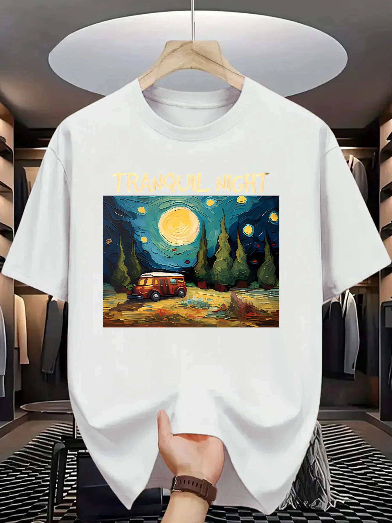 Tranquil Night Mens Crew Neck T Shirt Starry Night Camper Van Forest Oil Painting Graphic Short Sleeve Casual Street Tops