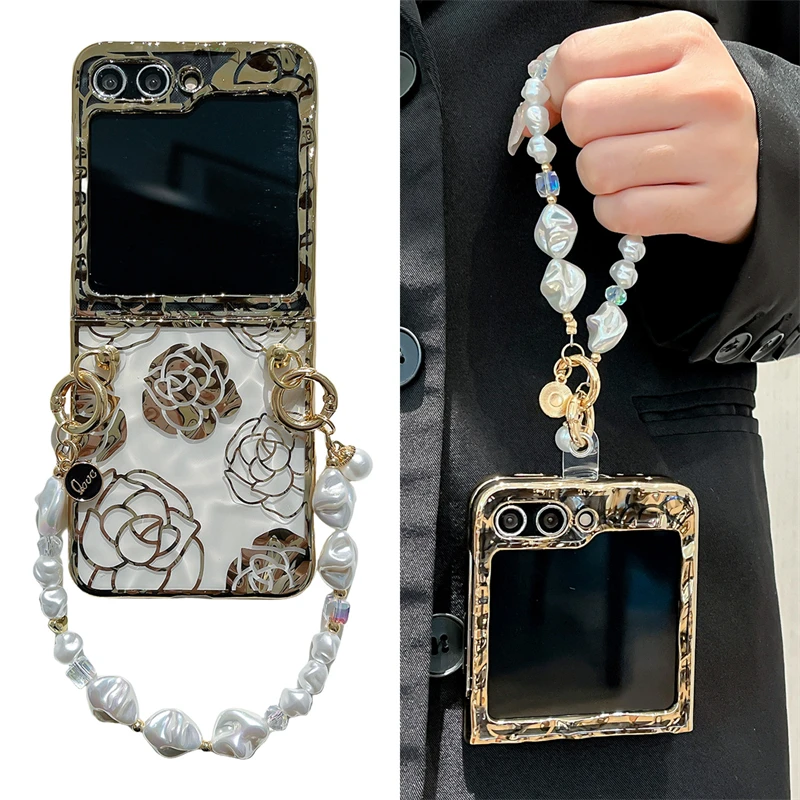 

Electroplated 3D Folds Lovely Flower Leopard Case for Samsung Galaxy Z Flip 6 5 4 Glossy Transparent Hard PC Cover Hand Strap