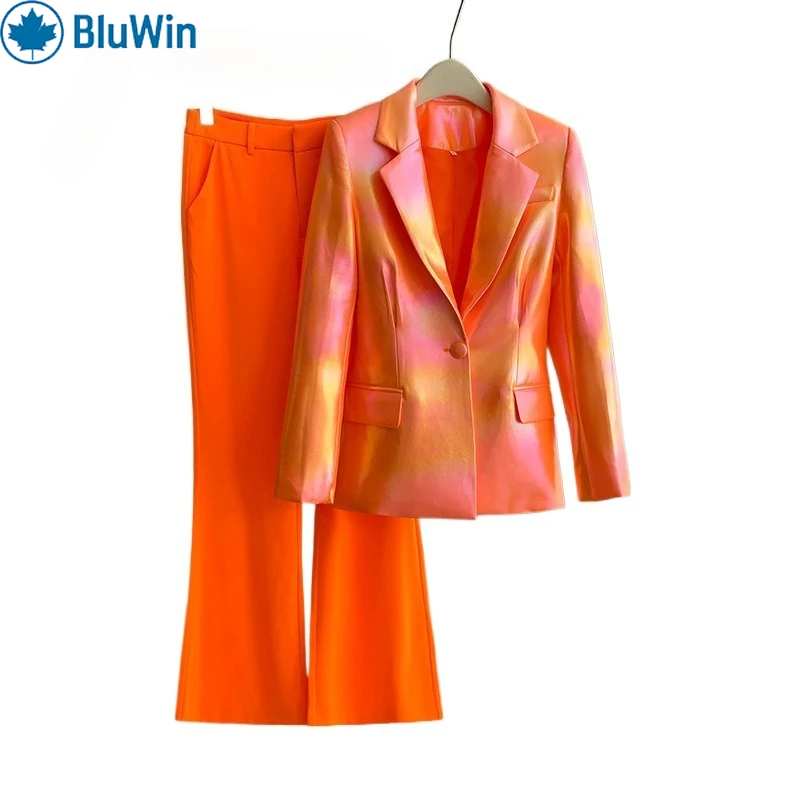 

BluWin Metallic Suit Women Two Piece Set Single Button Blazer and Flared Trousers Shiny Party Outfit