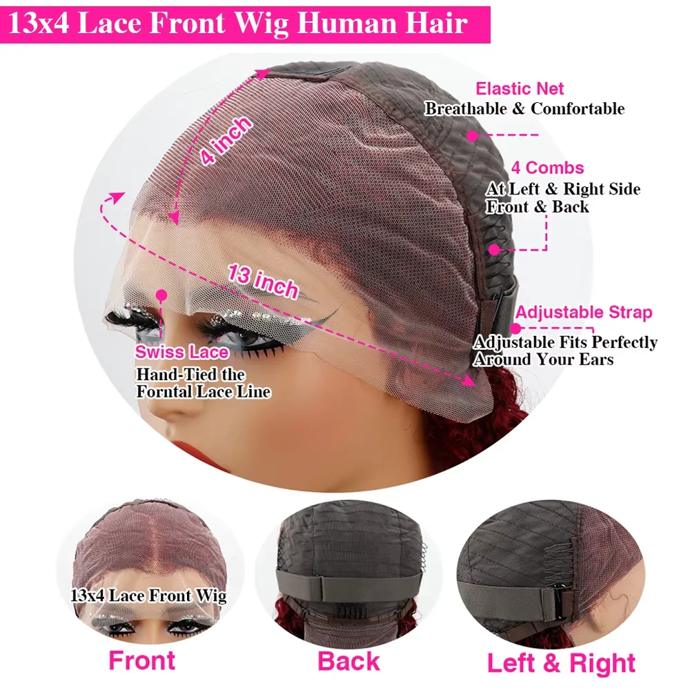 วิกผมบ๊อบผมแท้ 99j ความหนาแน่น 220% ขนาด 14 นิ้ว ผ้าลูกไม้ HD 13x4 ผ้าลูกไม้ด้านหน้า แสกกลางได้ สีแดงเบอร์กันดี วิกผมสั้นสำหรับผู้หญิง