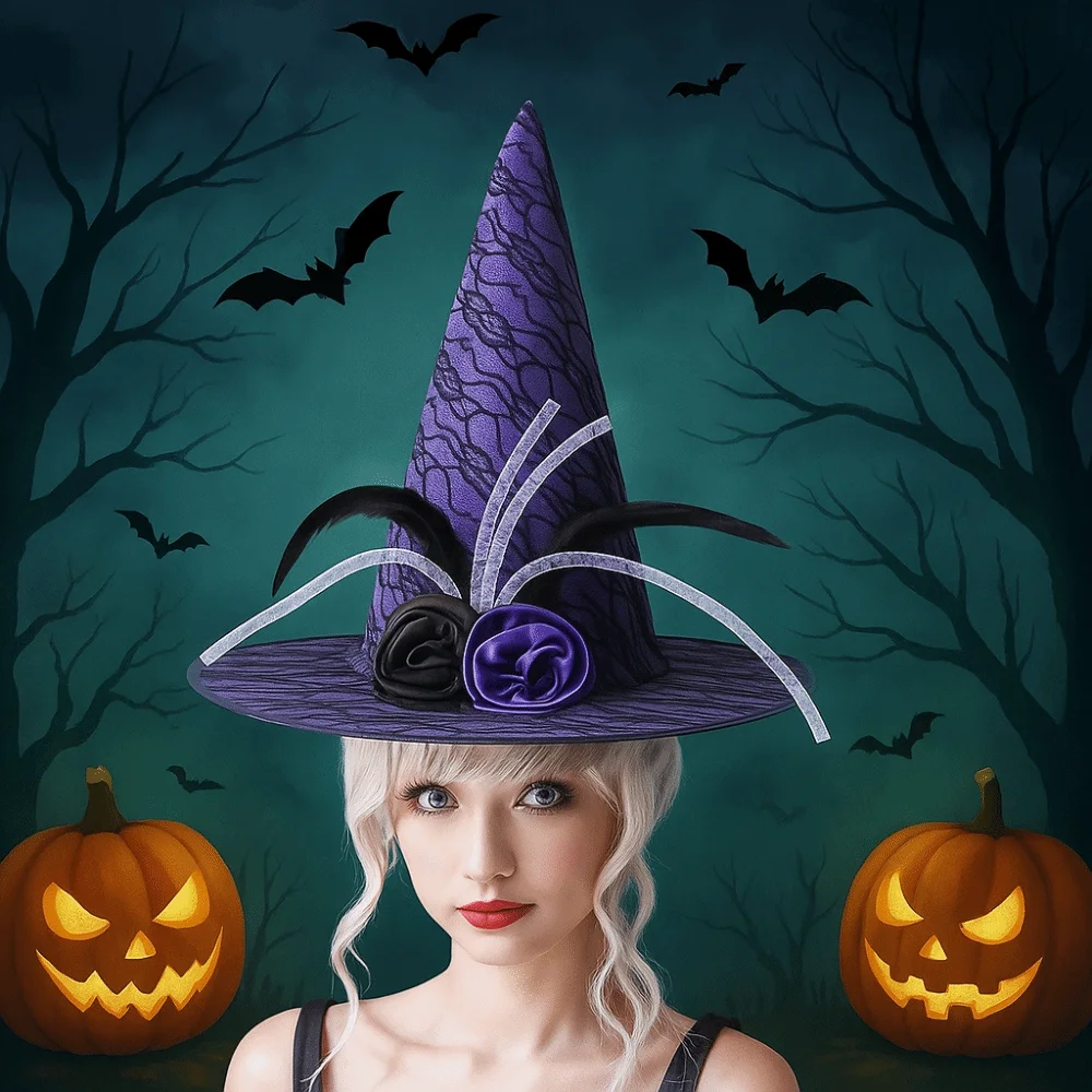 Lace Veil Halloween Witch Hat Rose Foldable Flower Wizard Cap Party Props Cosplay Accessories Feather Halloween Cap Children