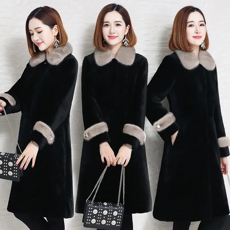 2024 Autumn Winter New High-grade Faux Fur Outerwear Mother Mink Collar Cotton Padded Warm Slim Mid Length Shearling Coat Female