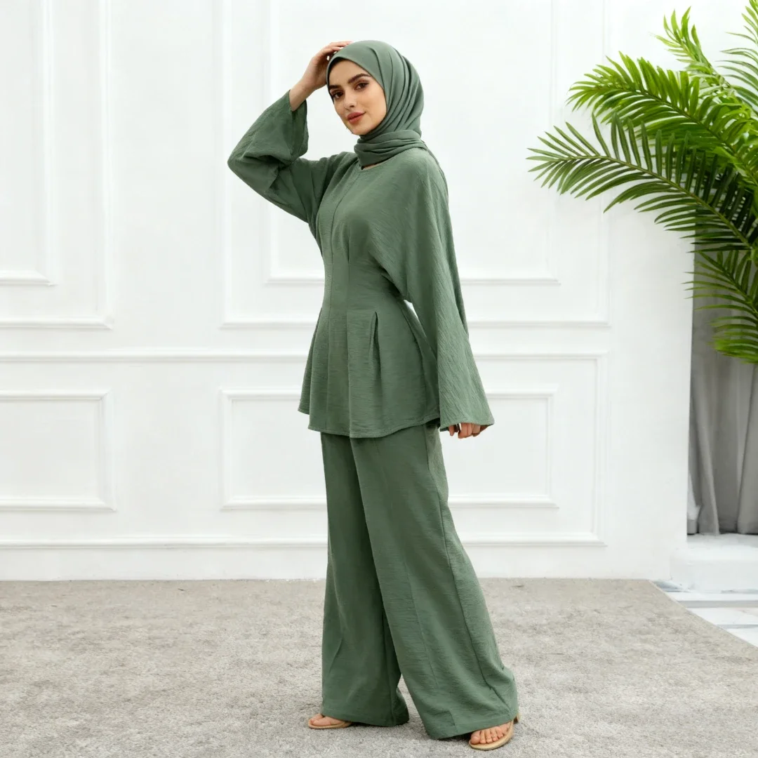 イード女性用シャツとストレートパンツのムスリムセット、2ピースセット、レースアップ、ラマダン、ドバイ、モロッコスーツ、ムスリムアンサンブル、アラブロングパンツ