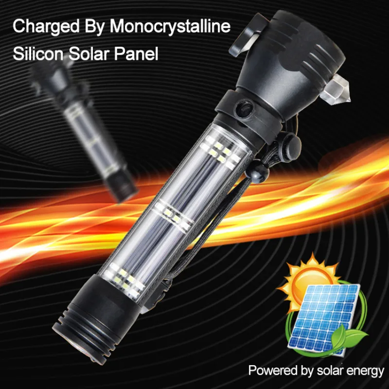 Multi-functional 10 in 1 led solar USB strong light rechargeable safety hammer alarm compass strong magnetic mini flashlight