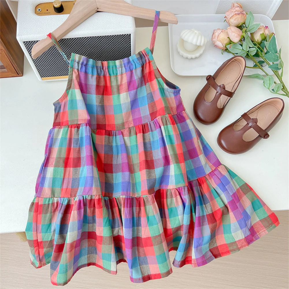 Girls\' Set 2023 Summer New Casual Dress Colorful Plaid Strap Dress Sleeveless Princess Dress Girls\' Fashion Dress